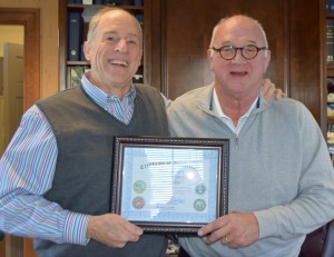 Tim Furlow (right) receives a Certificate of Appreciation by Quimby Melton, for his service as 2015 Honorary Chair of Honor our KIA. In making the presentation, Melton said, “We could not have accomplished what we have without Tim’s dynamic leadership. Tim is an outstanding example to all of us in Griffin and Spalding County of what true dedication, patriotism and a hometown hero is all about.”